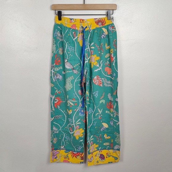 Anthropologie Pajama Pants Womens XS Florence Broadhurst Green Floral Bird Print - Picture 2 of 8